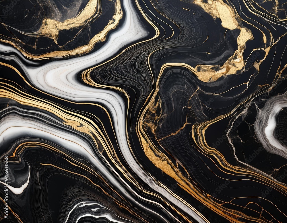 Obraz premium Elegant Swirls of Gold and Black, An Abstract Marble Texture Showcasing Luxurious and Dynamic Patterns 