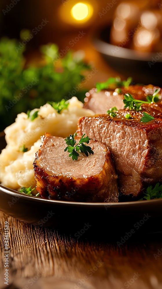 A plate of Palatinate Saumagen, stuffed pork stomach slices served with mashed potatoes and sauerkraut, set on a rustic wooden table A plate of Palatinate Saumagen, stuffed pork stomach slices served with mashed potatoes and sauerkraut, set on a rustic wooden table