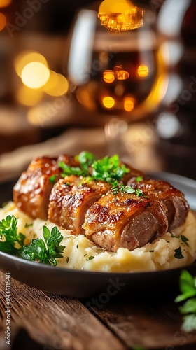 A plate of Palatinate Saumagen, stuffed pork stomach slices served with mashed potatoes and sauerkraut, set on a rustic wooden table photo