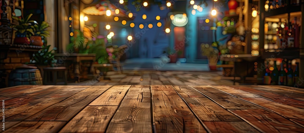 A wooden table is placed in a vibrant restaurant scene at night offering an ideal spot for promoting food products with copy space image A wooden table is placed in a vibrant restaurant scene at night offering an ideal spot for promoting food products with copy space image