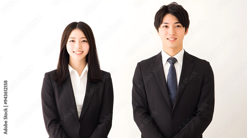 Confident Asian and Caucasian Business Professionals Smiling in Formal Attire Confident Asian and Caucasian Business Professionals Smiling in Formal Attire