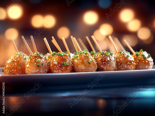 A plate of takoyaki, Japanese octopus balls, drizzled with savory sauce and sprinkled with green onions and bonito flakes, in a vibrant, neonlit street food market photo