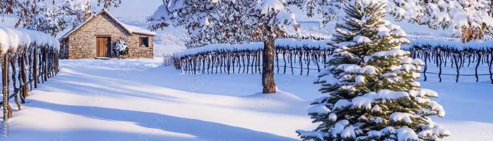 Festive Christmas Tree in Snow-Covered Vineyard with Charming Stone Cottage Background Festive Christmas Tree in Snow-Covered Vineyard with Charming Stone Cottage Background