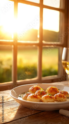 A rustic plate of Quenelles de Brochet served in a creamy Nantua sauce photo