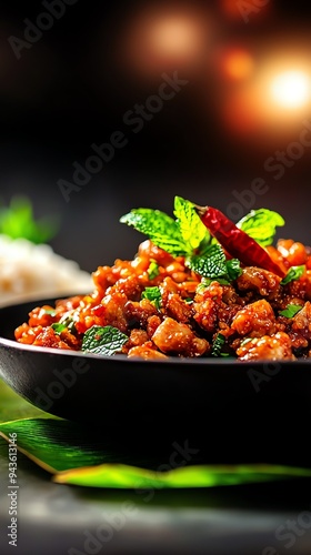 A rustic serving of Larb Moo, spicy minced pork salad, garnished with fresh mint, chili, and roasted rice powder, presented on a banana leaflined plate with a side of sticky rice photo