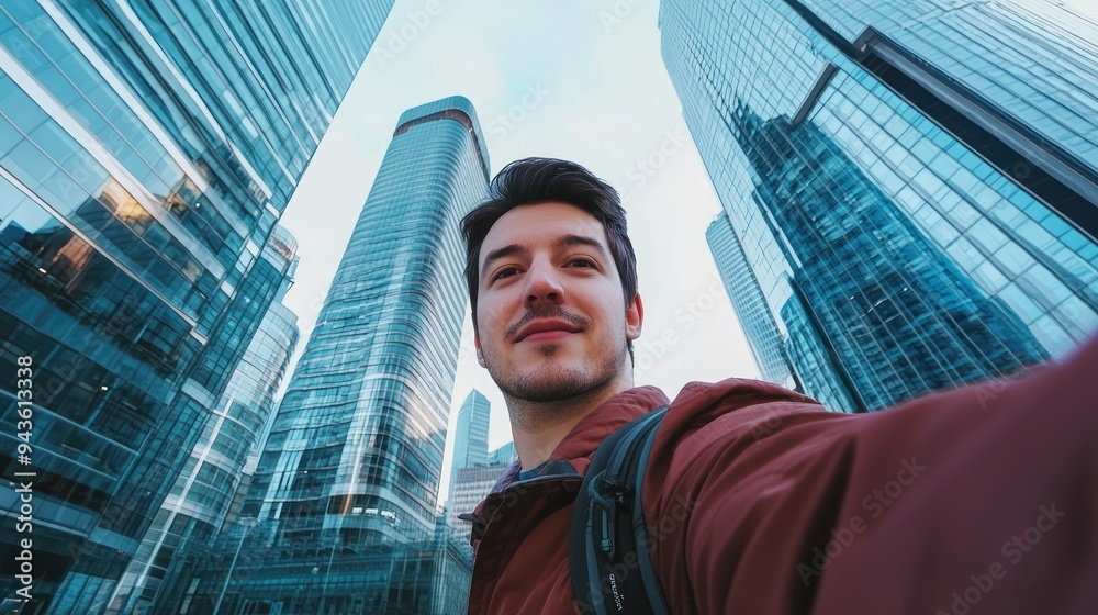 Fototapeta premium Man in brown jacket takes selfie with glass skyscrapers.