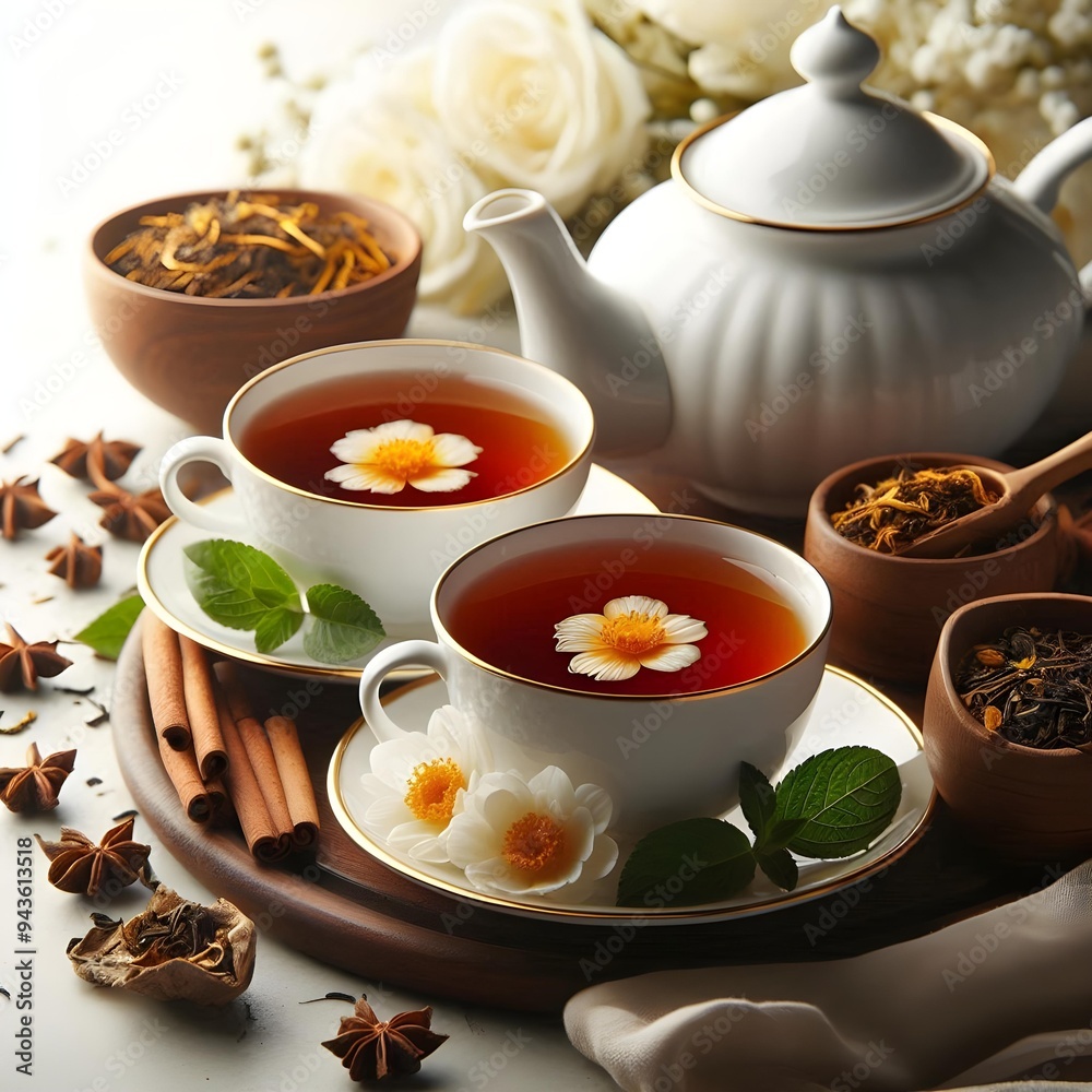 Refined Presentation of Ceylon Tea in White Porcelain Cups, Side View on a White Background, Symbolizing the Elegance of Asian Tea Culture and Its Delicate Flavors Refined Presentation of Ceylon Tea in White Porcelain Cups, Side View on a White Background, Symbolizing the Elegance of Asian Tea Culture and Its Delicate Flavors