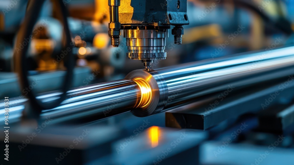 A closeup of precision machinery polishing steel tubes as they move along a production line, Steel Tube Polishing, showcasing the final finish applied to steel products A closeup of precision machinery polishing steel tubes as they move along a production line, Steel Tube Polishing, showcasing the final finish applied to steel products