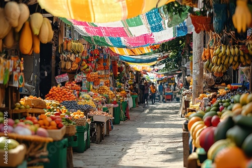 A street market with a variety of fruits and vegetables for sale, lively and bustling with people shopping