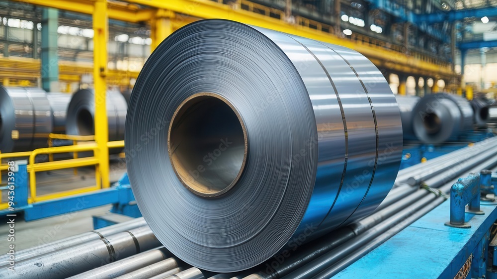 A detailed shot of a steel sheet being coiled into a roll on a production line, Steel Sheet Coiling, focusing on the process of preparing steel for transport and storage