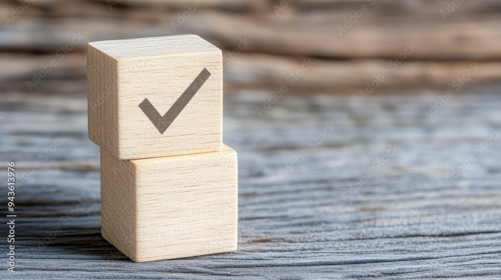 A stack of vanilla-colored wooden cubes featuring checkmarks is displayed on a blue surface, providing ample space for text and creative design elements A stack of vanilla-colored wooden cubes featuring checkmarks is displayed on a blue surface, providing ample space for text and creative design elements