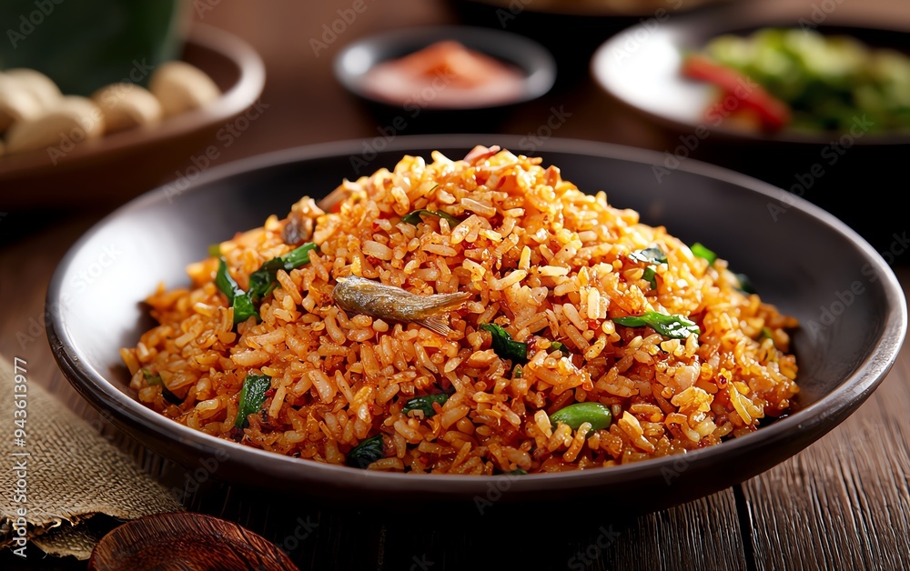 A serving of Nasi Ulam, fragrant rice mixed with finely chopped herbs, garnished with crispy anchovies, peanuts, and sambal, presented on a rustic wooden platter