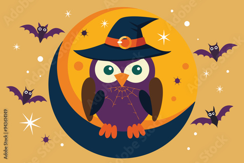 Halloween owl wearing a Halloween cap sits on an orange half moon G.eps