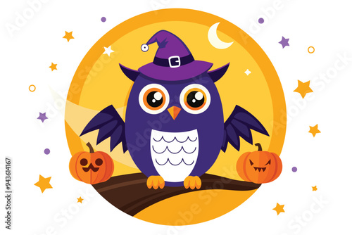 Halloween owl wearing a Halloween cap sits on an orange half moon I.eps