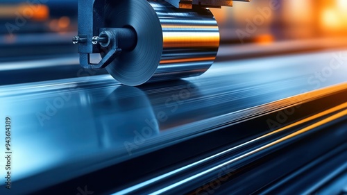 A closeup of a highspeed roller pressing steel sheets on a production line photo