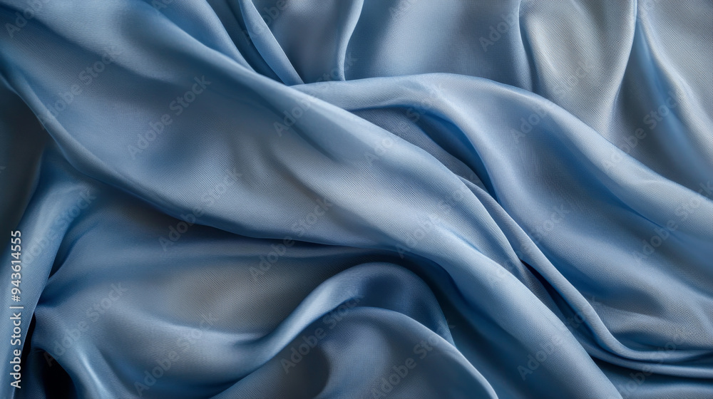 Fototapeta premium Close-up of light blue satin fabric with soft, flowing folds, showcasing its smooth texture and elegant, glossy finish. 