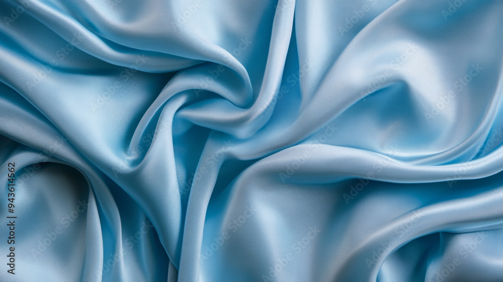 Fototapeta premium Close-up of light blue satin fabric with soft, flowing folds, showcasing its smooth texture and elegant, glossy finish. 