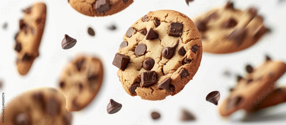 High resolution image of floating chocolate chip cookies with chunks displayed against a white background to serve as a copy space image High resolution image of floating chocolate chip cookies with chunks displayed against a white background to serve as a copy space image
