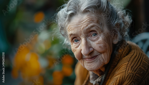 An older woman is wearing a black suit and white shirt