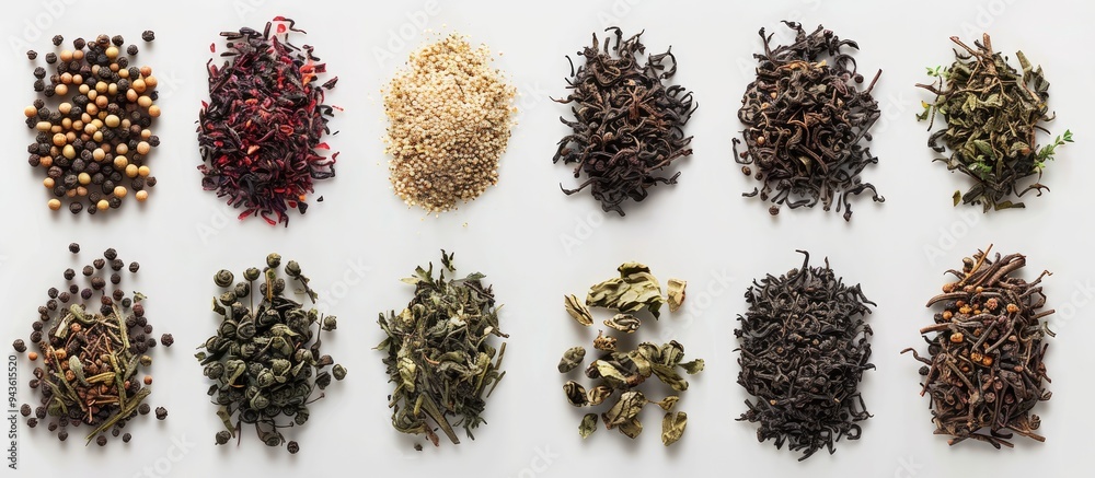 Fototapeta premium A diverse selection of loose leaf teas photographed from above emphasizing an empty space for text or graphics in the image. Creative banner. Copyspace image