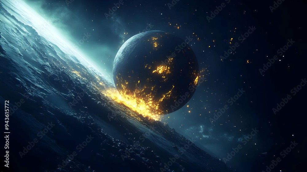 Obraz premium A fiery planet collides with another in a celestial explosion.