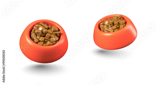 Bright round bowl with feed. Vector model in different positions