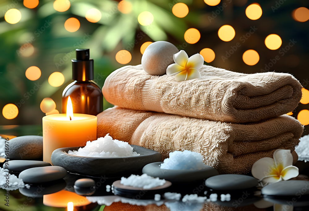 A collection of spa essentials invites relaxation and pampering amidst a calming natural backdrop. A collection of spa essentials invites relaxation and pampering amidst a calming natural backdrop.