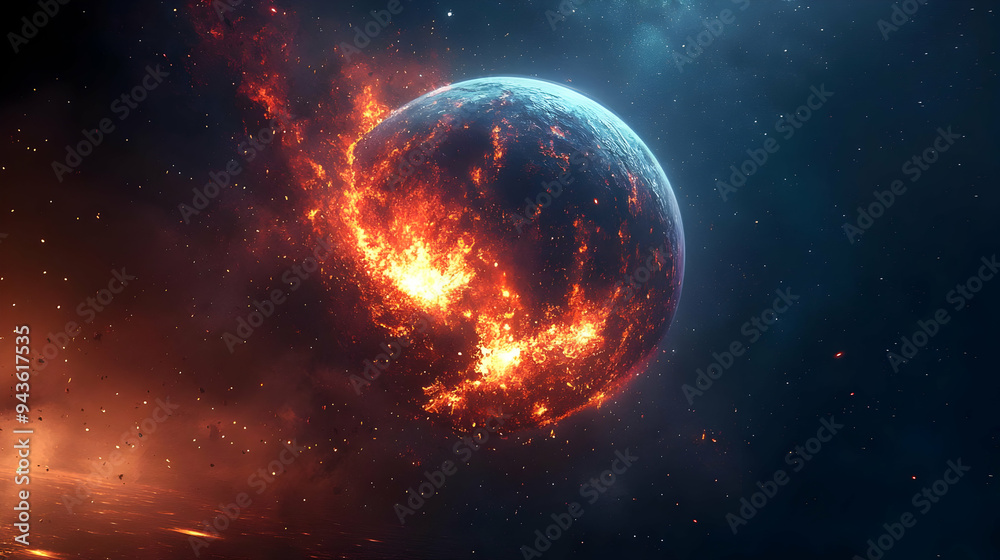 A fiery planet engulfed in flames with a glowing surface in space. A fiery planet engulfed in flames with a glowing surface in space.