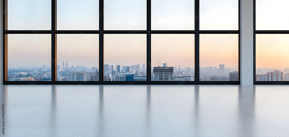Spacious interior with large windows showcasing a city skyline at sunset, highlighting modern architecture and urban lifestyle. Spacious interior with large windows showcasing a city skyline at sunset, highlighting modern architecture and urban lifestyle.