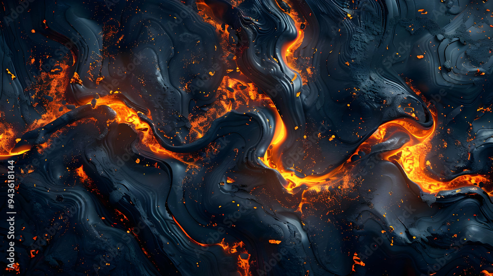 Molten Lava Flows Through Dark, Swirling Background Molten Lava Flows Through Dark, Swirling Background