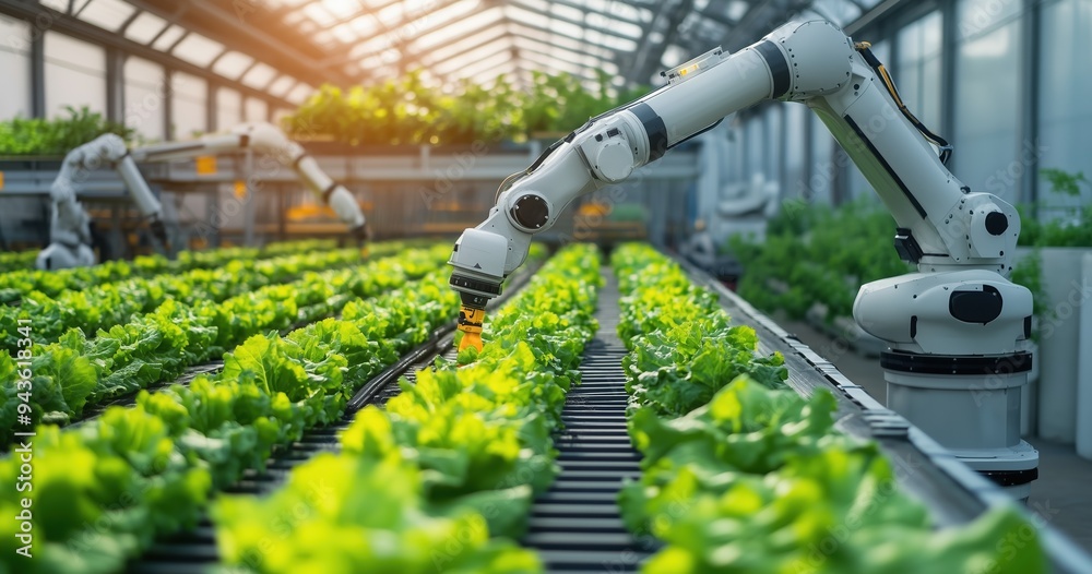 A robotic arm carefully maintains leafy greens in a high-tech greenhouse. A robotic arm carefully maintains leafy greens in a high-tech greenhouse.