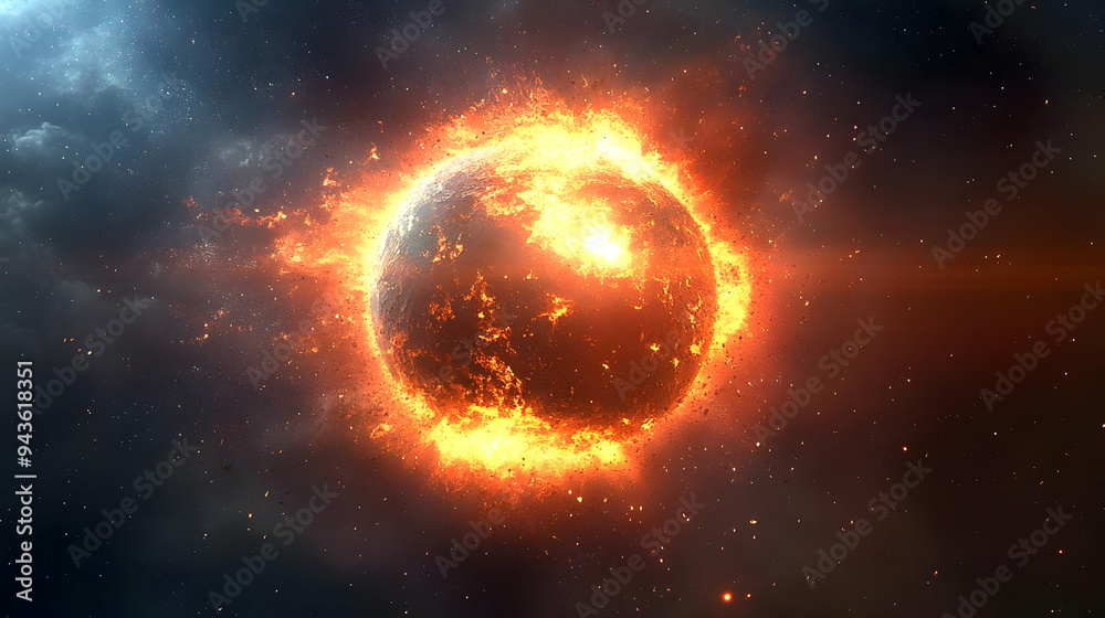 A fiery planet erupts in space with a blazing inferno. A fiery planet erupts in space with a blazing inferno.
