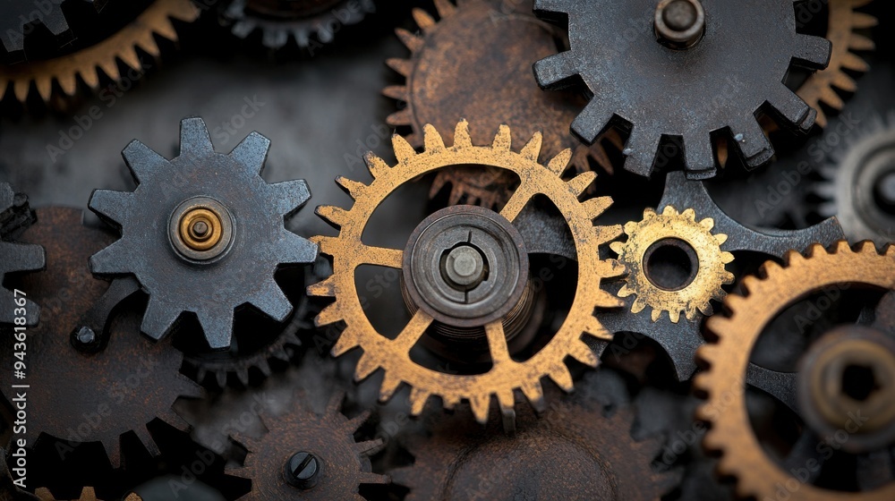 A close-up view of interlocking gears showcasing intricate details and textures in metal, highlighting the beauty of machinery. A close-up view of interlocking gears showcasing intricate details and textures in metal, highlighting the beauty of machinery.