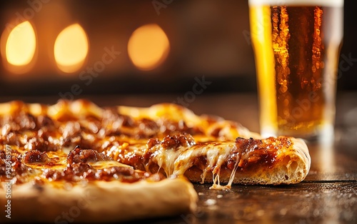 Chicago deepdish pizza, a single slice pulled from the pie, revealing melty cheese, with a brick wall background and a pint of beer photo