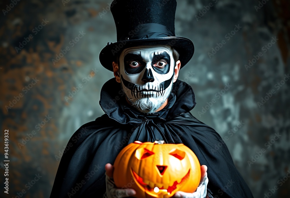 Skeleton in top hat, surprised, holds jack-o-lantern. Skeleton in top hat, surprised, holds jack-o-lantern.