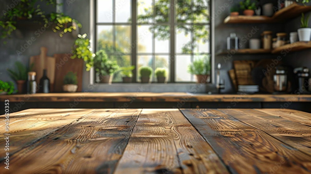 Plan de travail en bois, arrière plan cuisine flou, , pour intégration produits, ou décor graphique, style mockup Plan de travail en bois, arrière plan cuisine flou, , pour intégration produits, ou décor graphique, style mockup