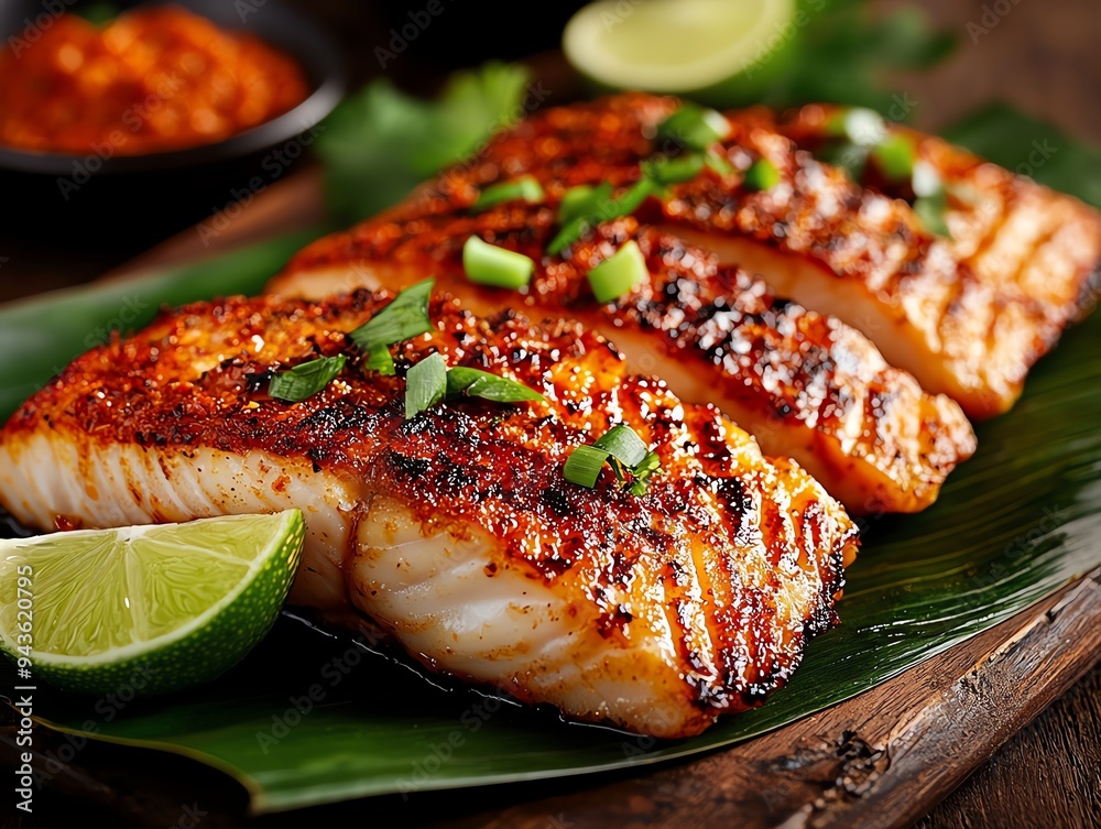 Freshly grilled Ikan Bakar with charred skin, garnished with sambal belacan, lime wedges, and sliced onions, served on a banana leaf against a rustic wooden background Freshly grilled Ikan Bakar with charred skin, garnished with sambal belacan, lime wedges, and sliced onions, served on a banana leaf against a rustic wooden background