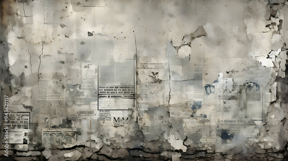 Weathered Wall Covered in Torn Newspaper Fragments, a Grunge Background Weathered Wall Covered in Torn Newspaper Fragments, a Grunge Background