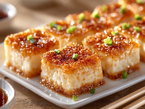 Hakka stuffed tofu, with a goldenbrown crust and savory minced pork filling, served on a white plate with soy sauce and green onions, with chopsticks beside it photo