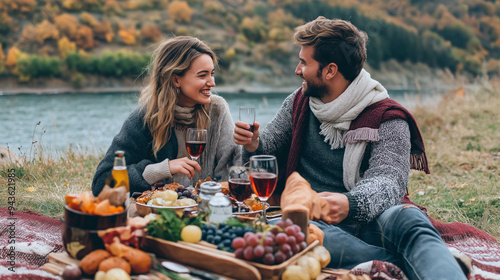 A couple enjoys a festive Thanksgiving picnic by the river surrounded by autumn scenery