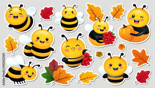 sticker set, different cute funny cartoon bee