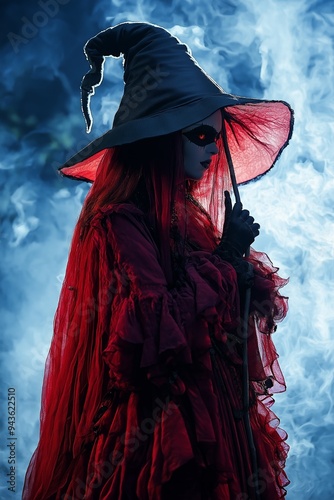 A mysterious Halloween witch dressed in red with a tall pointed hat holding a staff amidst a smoky backdrop. photo