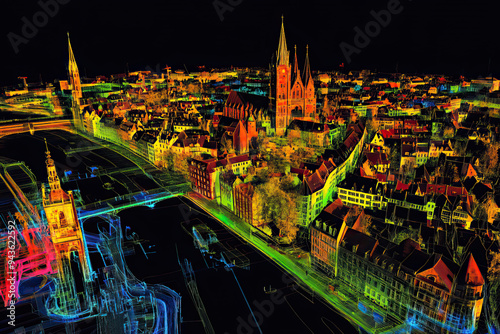 Technical aerial visual, 3D LiDAR GIS aerial map satellite scan model isolated, showing Lbeck, Germany. Elevation, topography, render photo