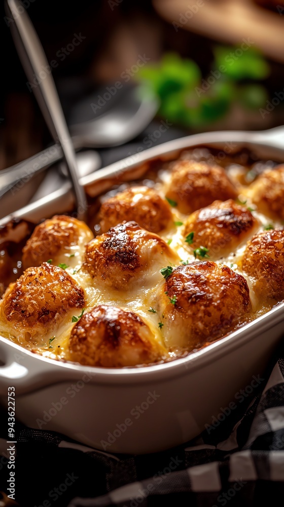 Midwestern hotdish in a casserole dish, topped with melted cheese and crispy tater tots, set on a checkered tablecloth with a serving spoon Midwestern hotdish in a casserole dish, topped with melted cheese and crispy tater tots, set on a checkered tablecloth with a serving spoon