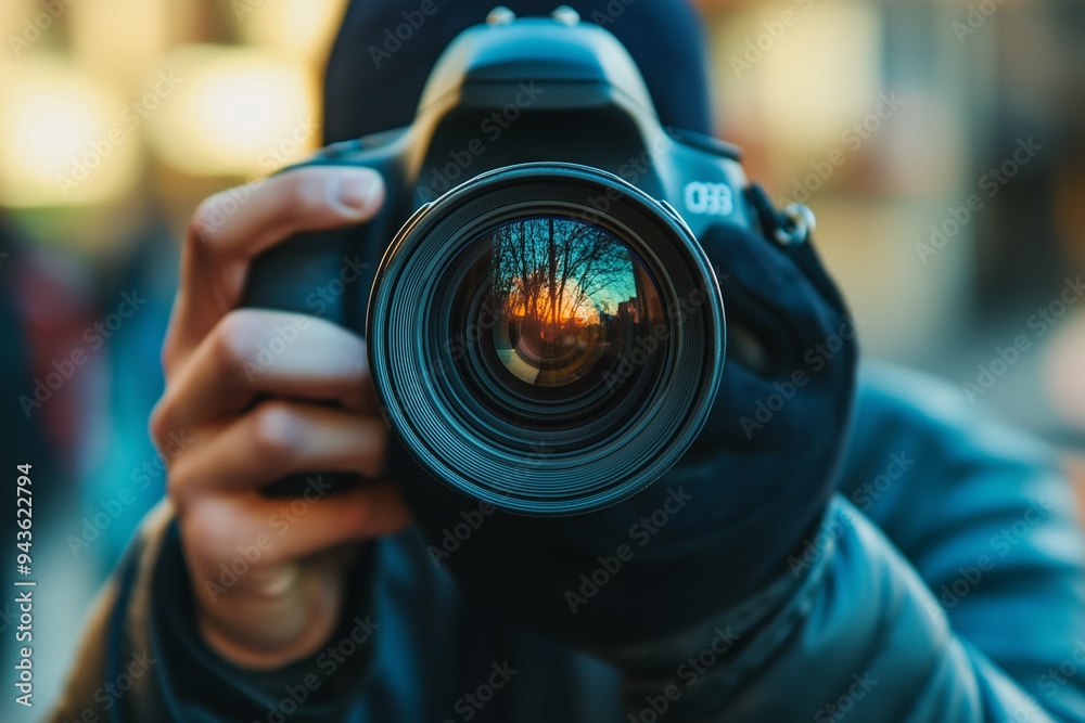 a close-up of a photographer taking a photo, with the camera lens reflecting the sunset, captured in vibrant colors. a close-up of a photographer taking a photo, with the camera lens reflecting the sunset, captured in vibrant colors.