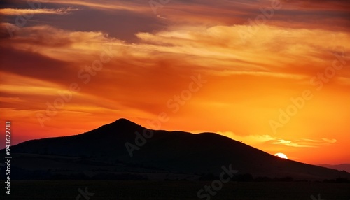 hill silhouetted against orange sky at sunset