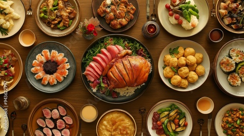 Wallpaper Mural A diverse Thanksgiving feast featuring traditional turkey alongside sushi, tacos, and curry celebrating cultural fusion in America Torontodigital.ca