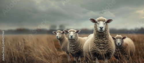 A group of sheep in a field with a copy space image