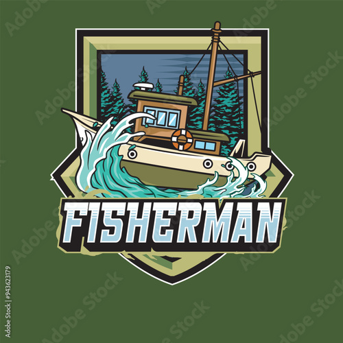 Vector Illustration of Fisherman Boat in Nature View with Vintage Illustration Available for Logo Badge