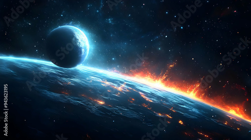 A fiery planet in space with a large blue moon in the foreground.